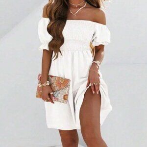 Boho Shirred Puff Sleeve Off Shoulder Mini Dress